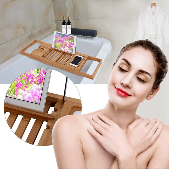 1Pc Extendable Bamboo Bathtub Rack Shelf Bathroom Shower Tub Caddy Book Reading Tray Stand New